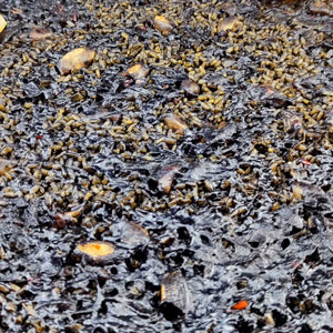 Arroz negro seco con tinta de sepia, preparado con sepionet y gamba pelada, cocinado en fogón especial para paella y servido en paellera tradicional.